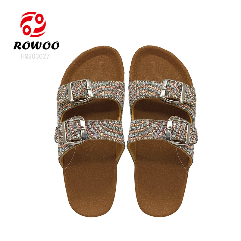 Wholesale New Summer Shoes Colorful Diamond Decoration Buckle Strap PVC Sole Cork Women Flat Sandals