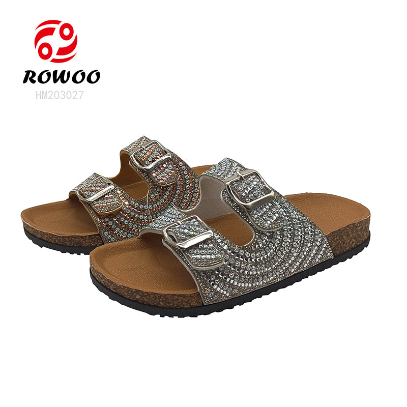 Wholesale New Summer Shoes Colorful Diamond Decoration Buckle Strap PVC Sole Cork Women Flat Sandals