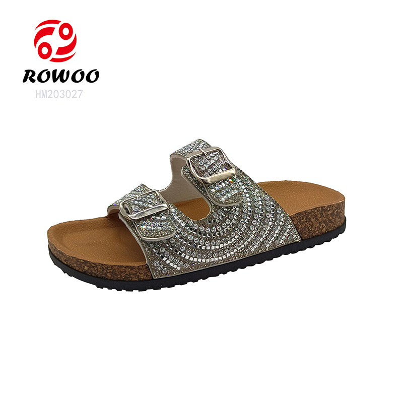 Wholesale New Summer Shoes Colorful Diamond Decoration Buckle Strap PVC Sole Cork Women Flat Sandals