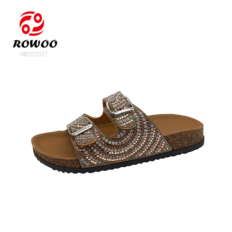 Wholesale New Summer Shoes Colorful Diamond Decoration Buckle Strap PVC Sole Cork Women Flat Sandals