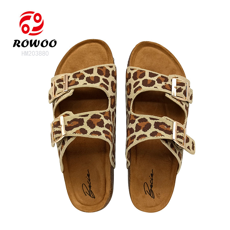 Leopard Print Woven Women Solid Thick Sole Cork Sandals