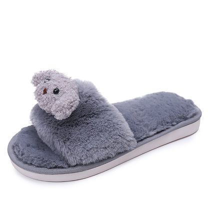 Kids Fur Slides With Strap Children Furry Slippers Kid Fuzzy Sandals Animal Cute Dog