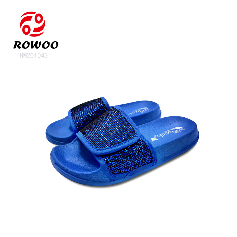 kids slide sandals blue children EVA slippers summer magic tape adjustable kids  slide sandals glitter blue
