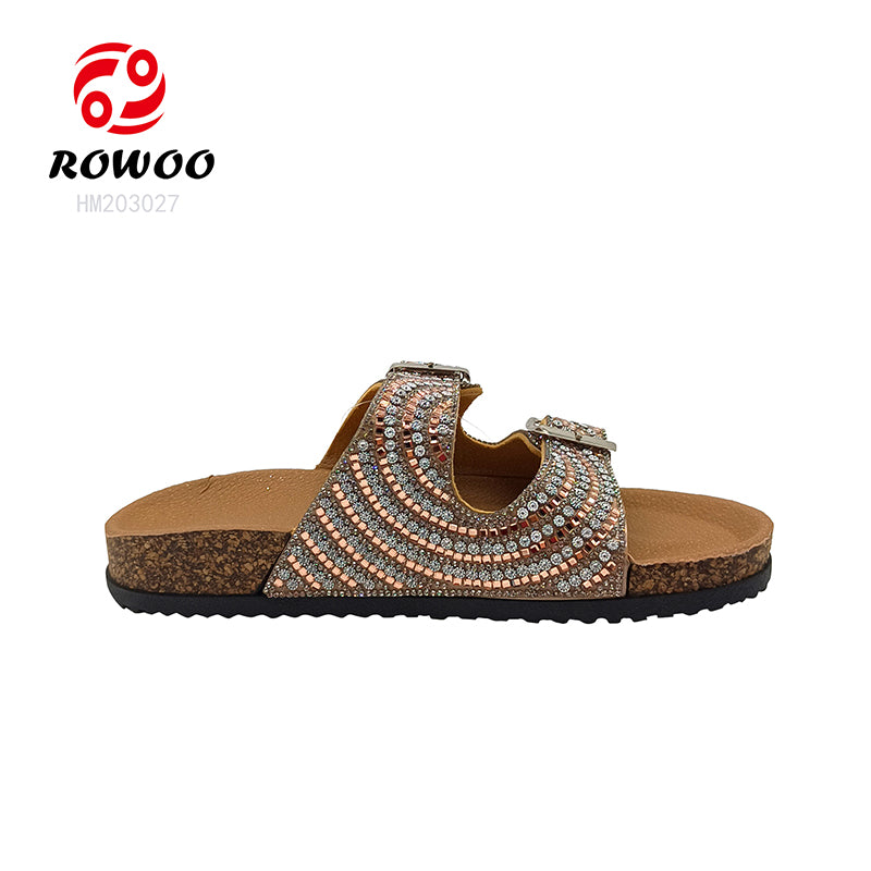 Custom Two Strap Flat Sandals Wholesale Beach Women PVC Cork Rhinestones Slippers