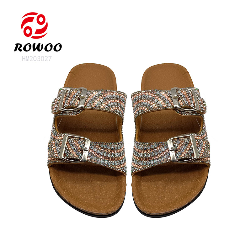 Custom Two Strap Flat Sandals Wholesale Beach Women PVC Cork Rhinestones Slippers