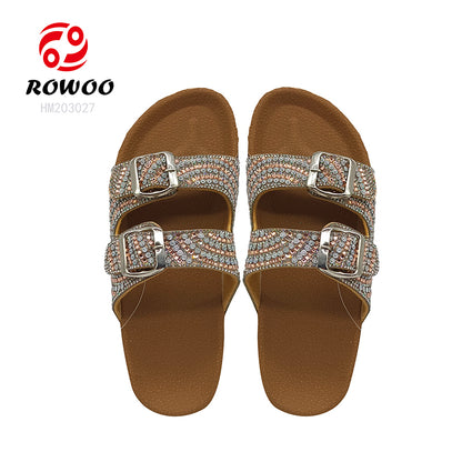 Custom Two Strap Flat Sandals Wholesale Beach Women PVC Cork Rhinestones Slippers
