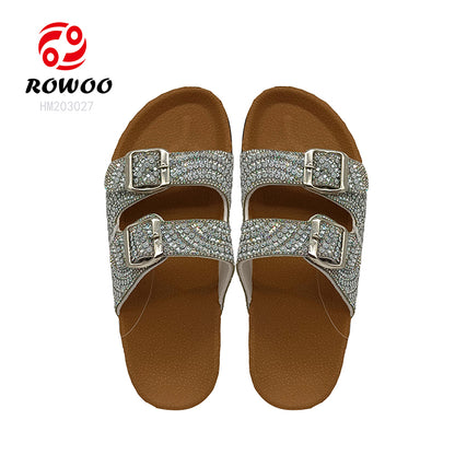 Wholesale New Summer Shoes Colorful Diamond Decoration Buckle Strap PVC Sole Cork Women Flat Sandals