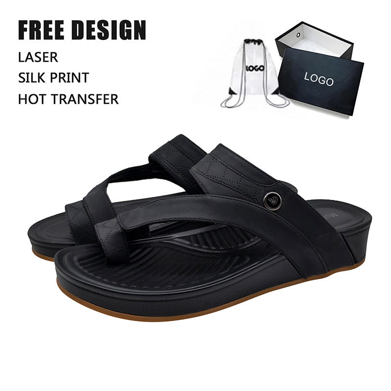 Wholesale Men Customized Logo Outdoor Sandals Black Thick Bottom Leather Shoes Middle East Design Sandals for Man