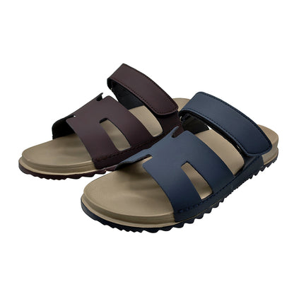 Men PU Leather Slide Sandals Adjustable Strap Non Slip Summer Casual Slippers